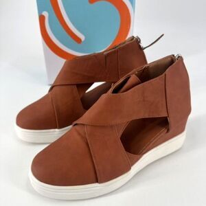 Journee Collection Seena Wedge Sneaker Sandal Cut out Size 40, brown Size 10